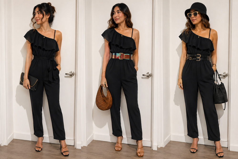 BISOU BISOU Black Jumpsuit Womens one shoulder Ankle length ruffle belt Size-S